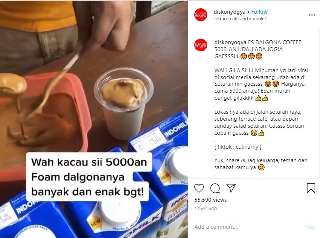 Usai Pamulang, Penjual Es Dalgona Coffee Kaki Lima Hadir di Yogyakarta. (Instagram/@diskonyogya)
