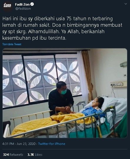 Fadli Zon kabarkan ibundanya sakit. (Twitter/@fadlizon)