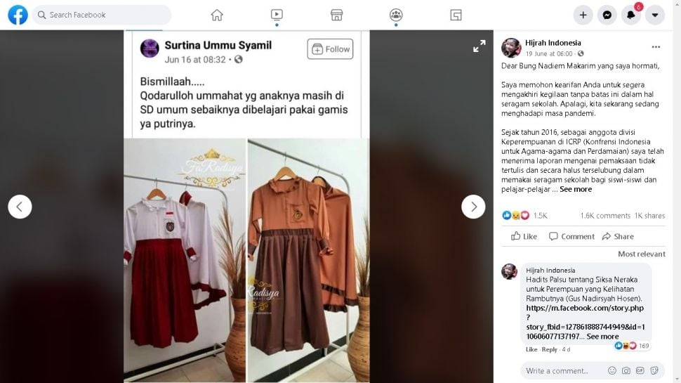 Surat Terbuka Hijrah Indonesia untuk Mendikbud Nadiem Makarim - (Facebook/Hijrah Indonesia)