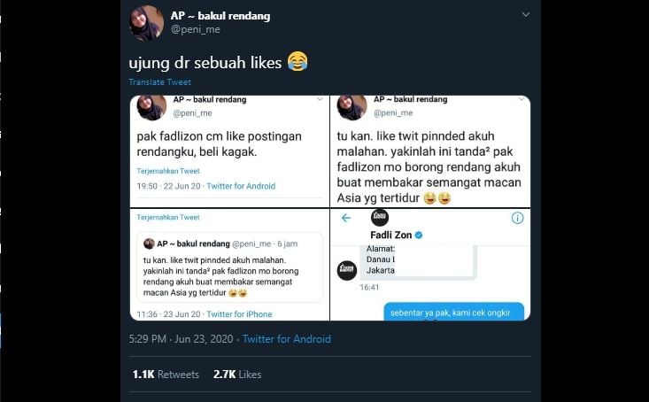 Penjual rendang promosikan dagangannya ke Fadli Zon. (Twitter/@peni_me)