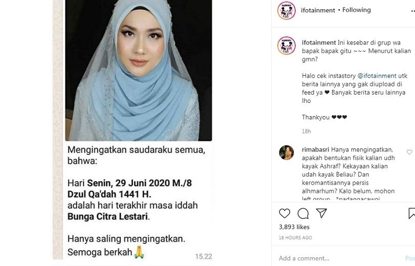 Pesan beruntun tentang masa iddah Bunga Citra Lestari yang segera berakhir [Instagram]