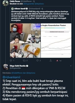 Sanggahan dr Dirga Rambe terhadap kicauan Ridwan Kamil soal terapi donor plasma. [@dirgarambe / Twitter]