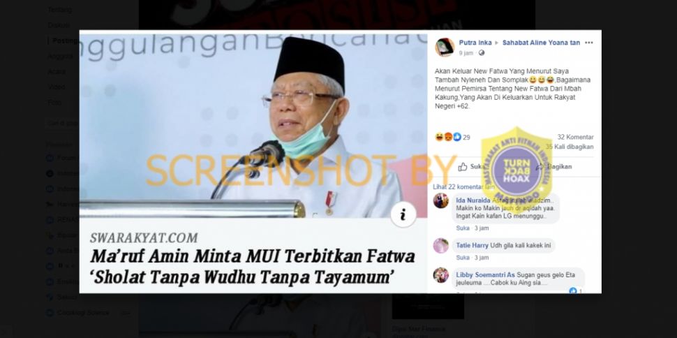 Maruf Amin Keluarkan New Fatwa Salat Tanpa Wudhu dan Tayamum (Turnbackhoax.id)