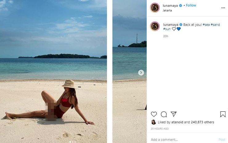 Luna Maya Rebahan di Pantai Pakai Bikini, Warganet Singgung Soal Aurat. (Instagram/@lunamaya)