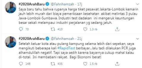 Fahri Hamzah keluhkan harga rapid tes lebih mahal dari tiket pesawat (Twitter/fahrihamzah)