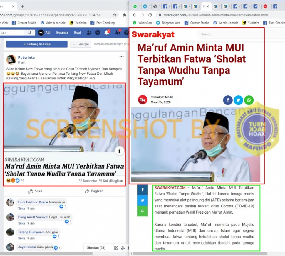 Maruf Amin Keluarkan New Fatwa Salat Tanpa Wudhu dan Tayamum (Turnbackhoax.id)