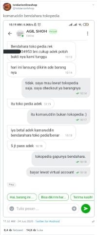 Akun olshop tipu-tipu ngaku sebagai bendahara Tokopedia (Twitter).