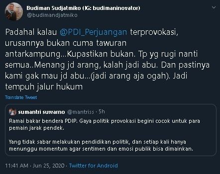 Tanggapan Budiman Sudjatmiko soal pembakaran bendera PDIP. (Twitter/@budimansudjatmiko)