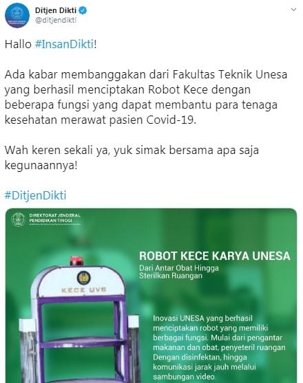 Robot Kece perawat pasien Covid-19 (Twitter/ditjendikti)