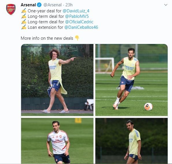 Arsenal mengumumkan perpajangan kontrak David Luiz. (Twitter/@Arsenal)