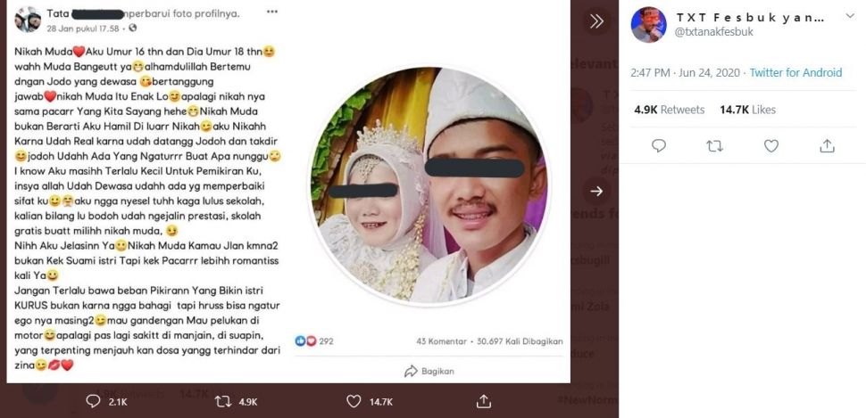 Viral Remaja Nikah Muda dan Cerai Setelah 3 Bulan (twitter.com/txtanakfesbuk)