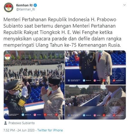 Prabowo bertemu Menteri Pertahanan Tiongkok di Rusia (Twitter).