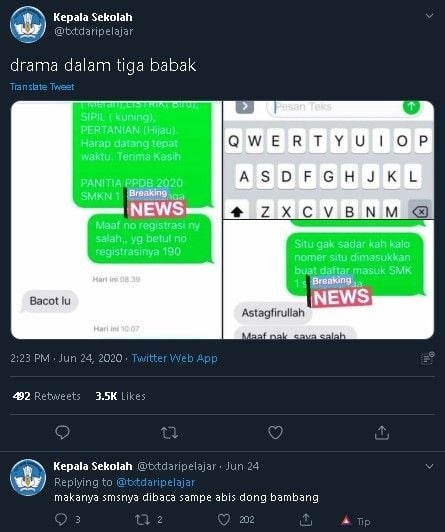 Siswa salah kirim pesan ke panitia PPDB. (Twitter)