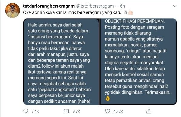 Pesan dari warganet yang mengaku sebagai anggota "institusi berseragam" - (Twitter/@txtdrberseragam)