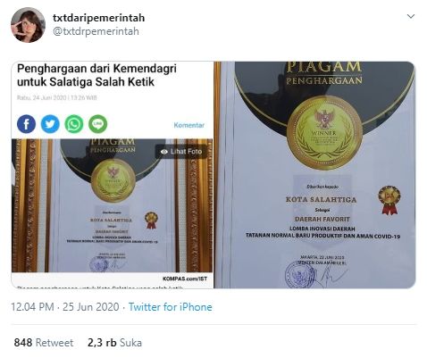 Kemendagri salah menyebut Kota Salatiga jadi Salahtiga (Twitter).