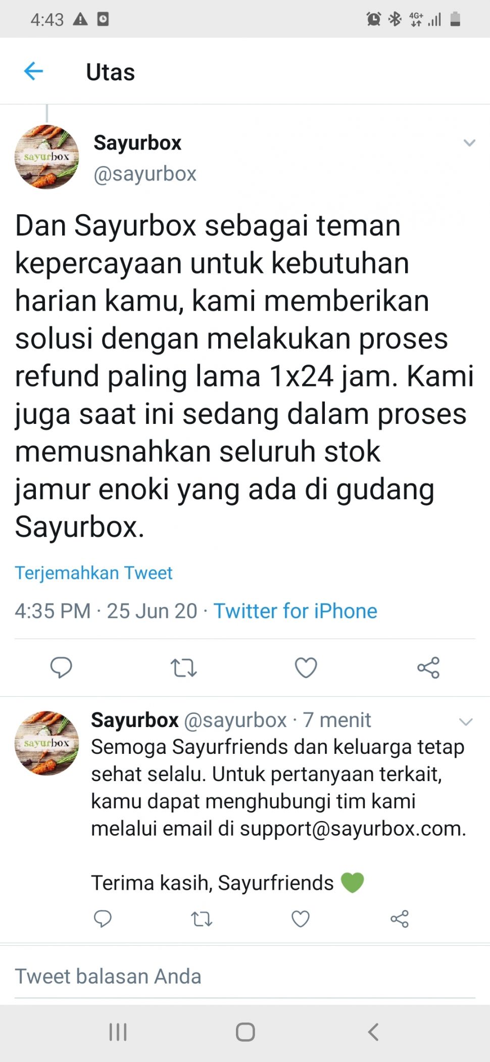 Sayurbox Bolehkan Konsumen Kembalikan Jamur Enoki. (Twitter)