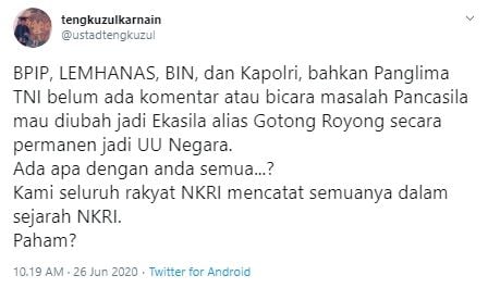 Cuitan Tengku Zulkarnain soal polemik RUU HIP (Twitter).