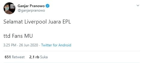 Ganjar Pranowo kasih selamat untuk Liverpool (Twitter).