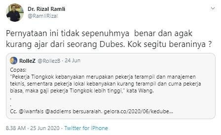 Cuitan Rizal Ramli soal pernyataan Wang Liping (Twitter).