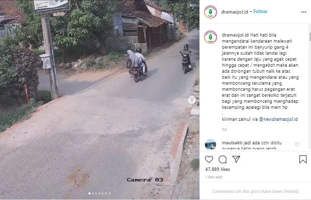 Pengendara motor jatuh karena polisi tidur (Instagram).