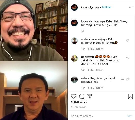 Ahok dan Andy F Noya saat siaran live Instagram. (Instagram/@kickandyshow)