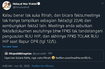 HNW sentil Panca soal RUU HIP. (Twitter/@hnurwahid)