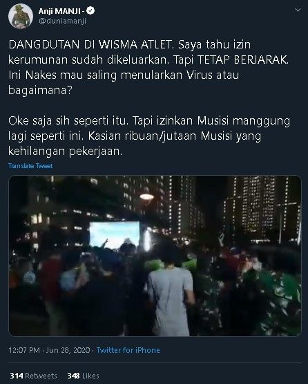 Musisi Anji kritik acara dangdutan di Wisma Atlet. (Twitter/@duniamanji)