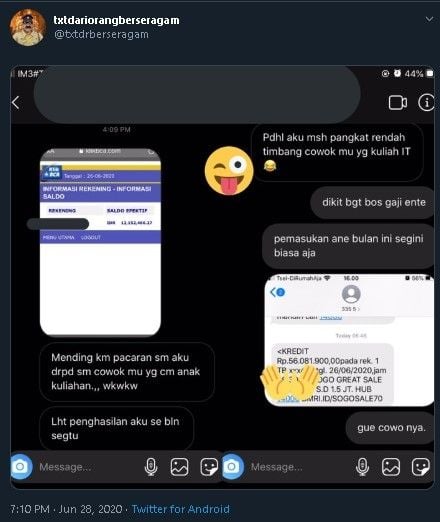 Modus pria rayu wanita pakai gaji Rp 12 juta. (Twitter/@txtdrberseragam)