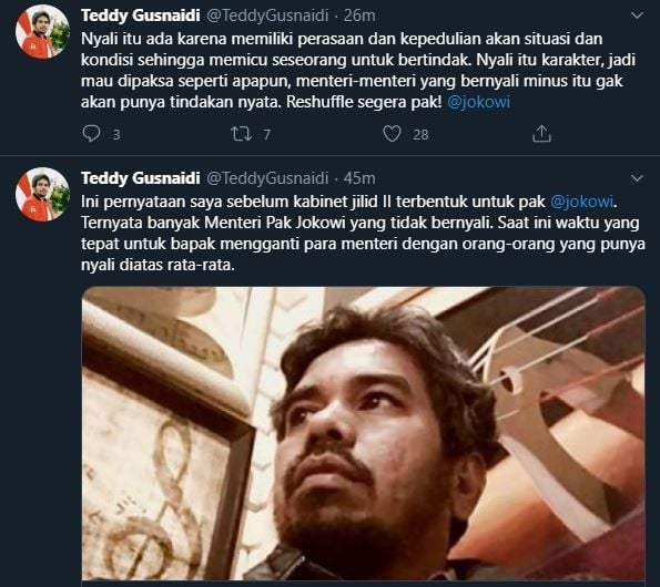 Kicauan Teddy Gusnaidi soal menteri tanpa nyali.(Twitter/@TeddyGusnaidi)