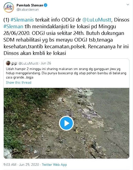 Dinsos Sleman respons utas ODGJ viral - (Twitter/@kabarsleman)