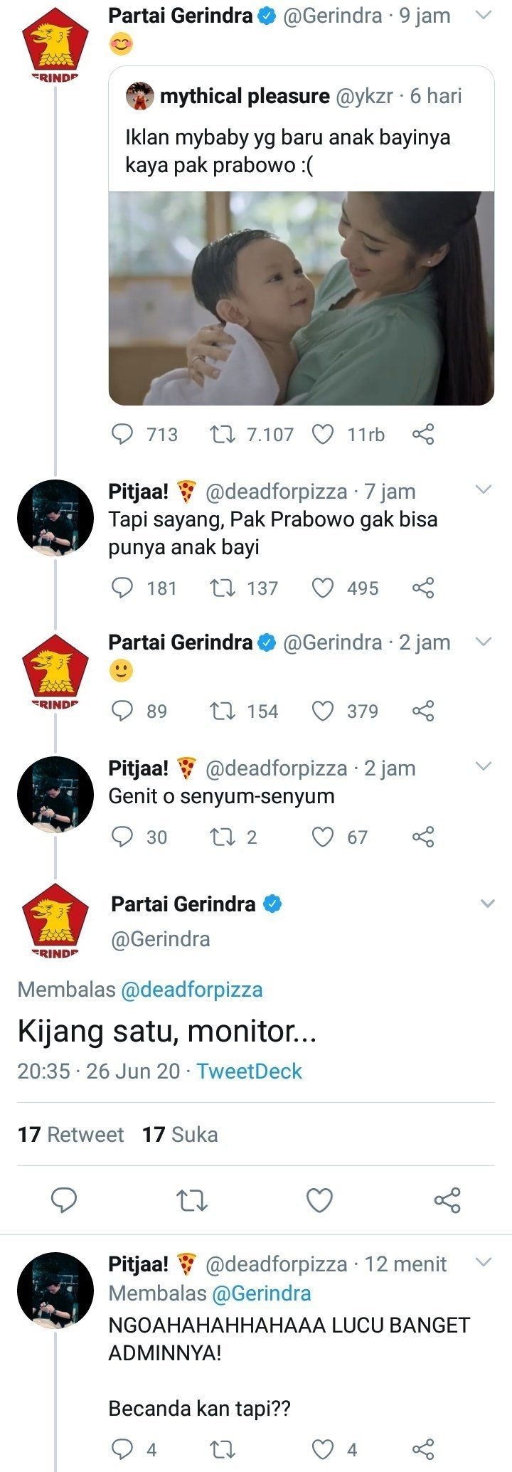 Admin Gerindra dan warganet saling balas kicauan.(Twitter)