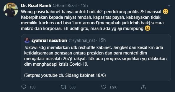 Cuitan Rizal Ramli mengomentari ancaman reshuffle Jokowi. (Twitter/@RamliRizal)