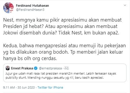 Ferdinand Hutahaean melayangkan komentar pedas ke Ernest Prakasa (Twitter).