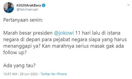 Fahri Hamzah sentil kemarahan Presiden Jokowi (Twitter).