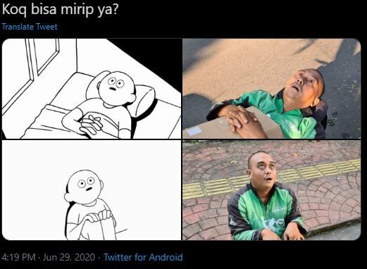 Ojol yang mirip meme overthinking.[Twitter/Abangojolbotak]