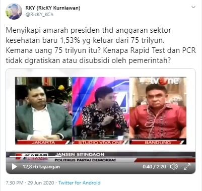 Jansen Sitindaon sentil rapid test mengapa tidak gratis (Twitter).