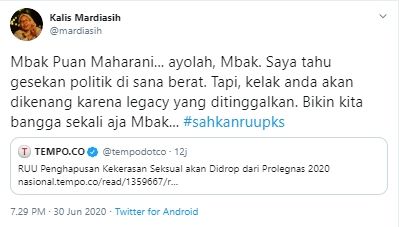 Cuitan aktivis perempuan Kalis Mardiasih agar RUU PKS tak jadi dicabut (Twitter).