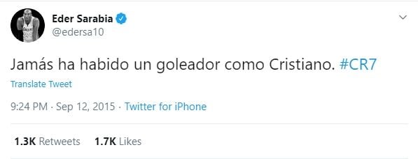 Eder Sarabia memuji Cristiano Ronaldo. (Twitter/@edersa10).