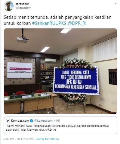 Cuitan Dosen UI Saras Dewi agar RUU PKS segera disahkan (Twitter).