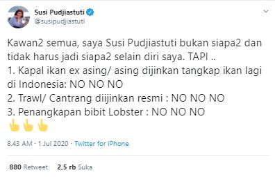 Susi Pudjiastuti menolak izin ekspor benih lobster & penggunaan cantrang (Twitter).