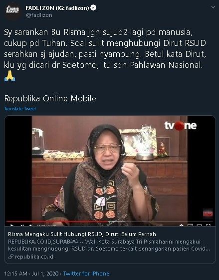 Fadli Zon soroti aksi sujud Wali Kota Risma. (Twitter/@fadlizon)