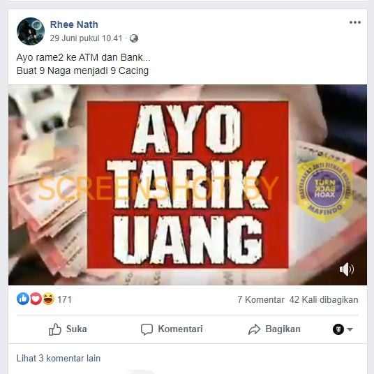 Warganet mengimbau masyarakat untuk segera tarik uang (Facebook).