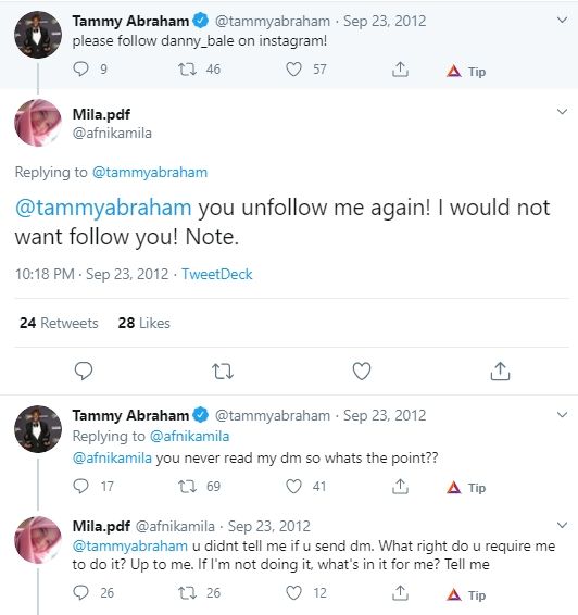Afni Kamila berbalas mention dengan Tammy Abraham. (Twitter).
