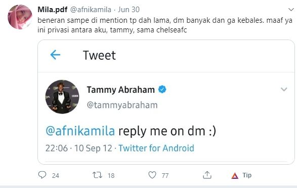 Afni Kamila tidak membalas DM dari Tammy Abraham. (Twitter/@afnikamila).