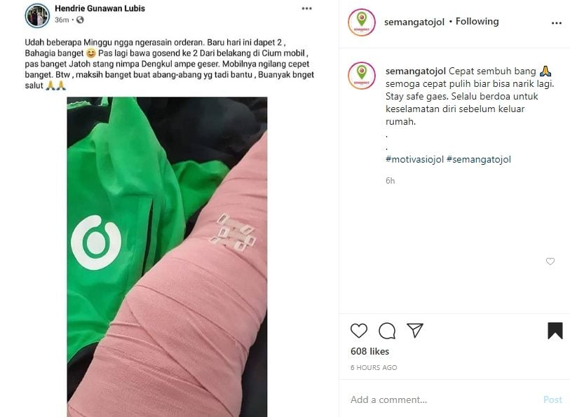 Curhatan ojol yang jadi korban tabrak lari. (Instagram)