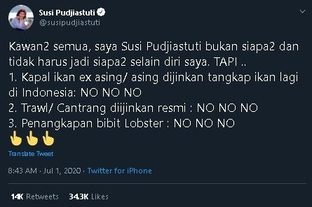 Susi Pudjiastuti tolak kapal asing hingga ekspor benih lobster. (Twitter/@susipudjiastuti)