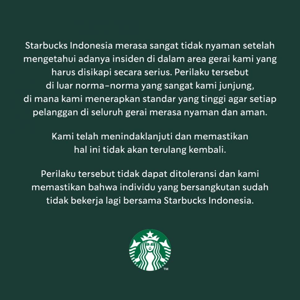 Pernyataan Starbucks Indonesia. (Dok: Twitter/StarbucksIndonesia)