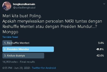 Tengku Zul bikin jajak pendapat reshuffle kabinet. (Twitter/@ustadtengkuzul)