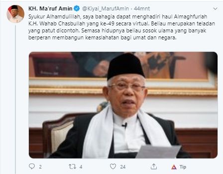 Cuitan Wapres Ma'ruf Amin (Twitter).