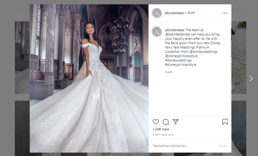 Gaun pengantin ala Belle dari kisah Beauty and The Beast. (Instagram/@allurebridals)